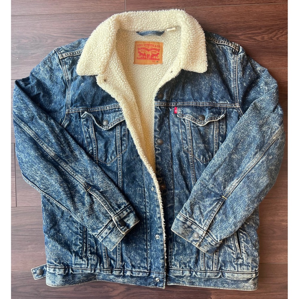 Levis Mens Sherpa Lined Denim Trucker Jacket Acid Wash Blue XL Faux Fur Lined